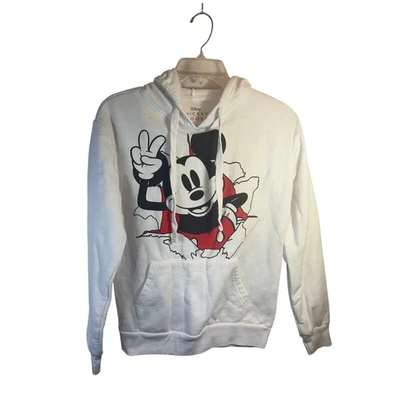 Disney Mickey Mouse White Graphic Hoodie Sweatshirt Womens Size XS Peace Sign - Picture 1 of 5